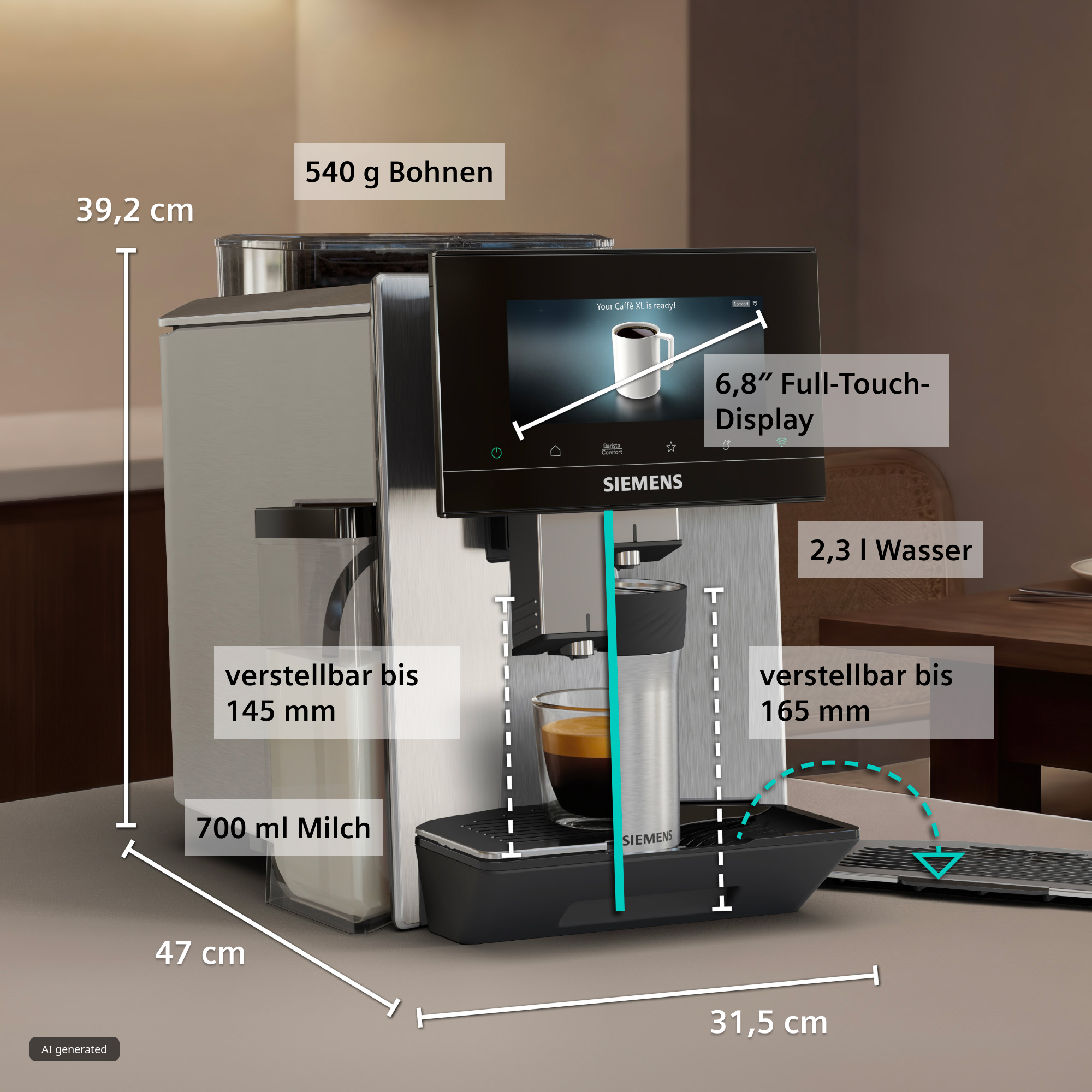Siemens Kaffeevollautomat mit Maßen, Touch-Display, Milchbehälter und Bohnenfach.