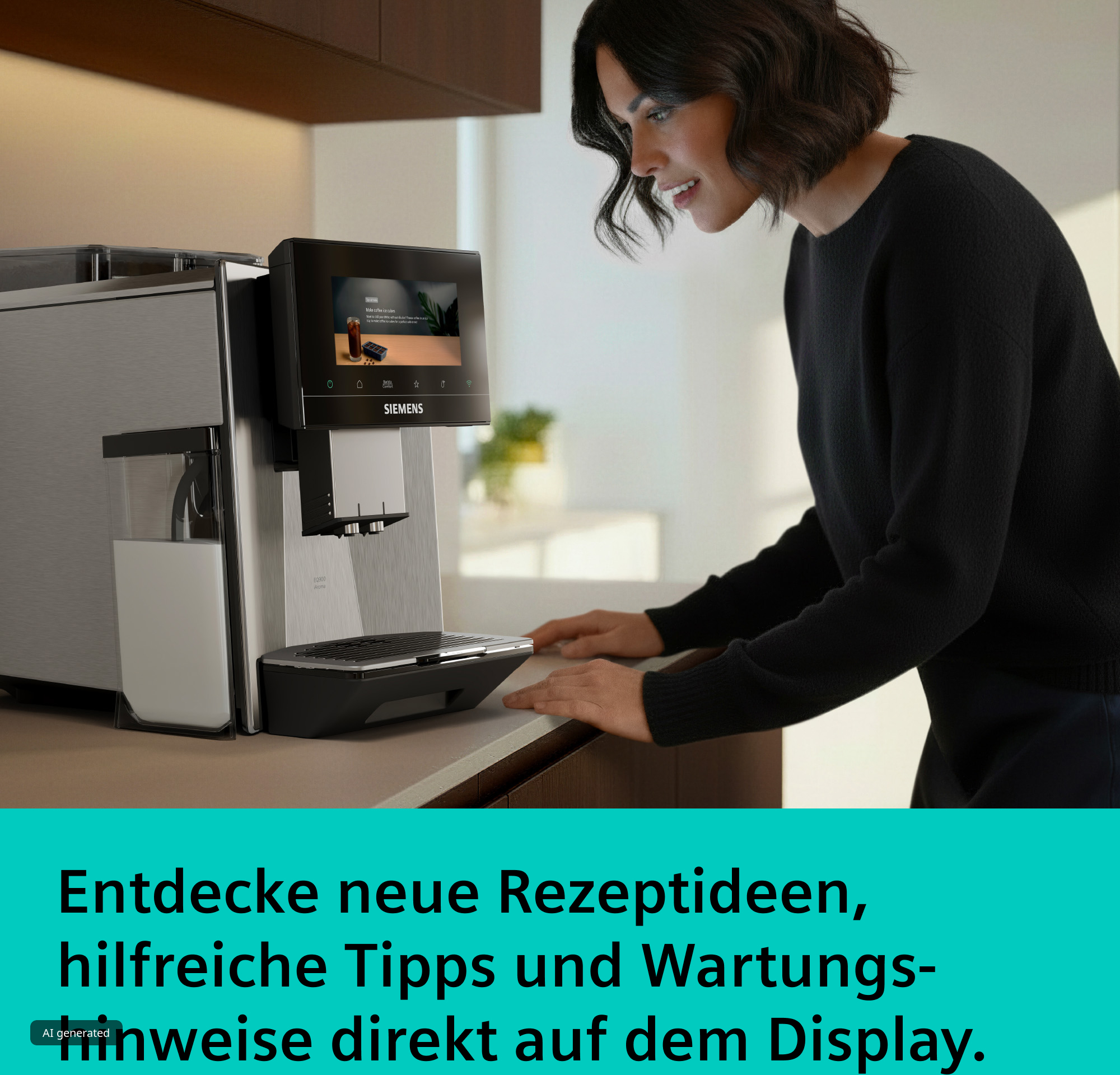Eine Frau in einem schwarzen Pullover schaut lächelnd auf das Display einer silbernen Siemens Kaffeemaschine.