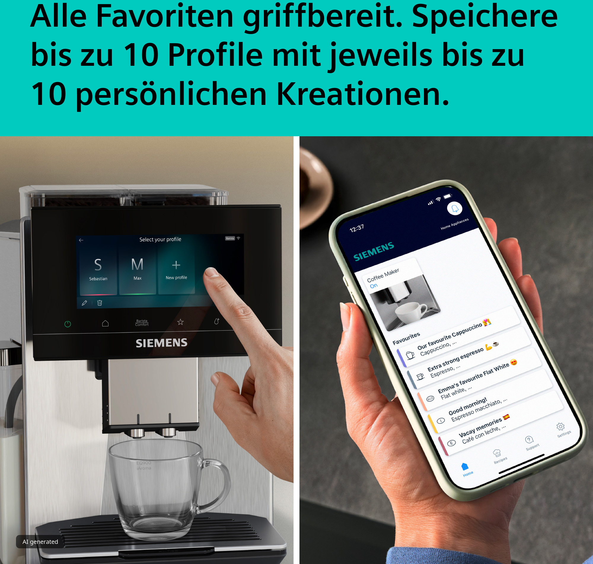 Siemens-Kaffeemaschine mit Touch-Display und Smartphone-App zur Profil- und Kaffeeverwaltung.