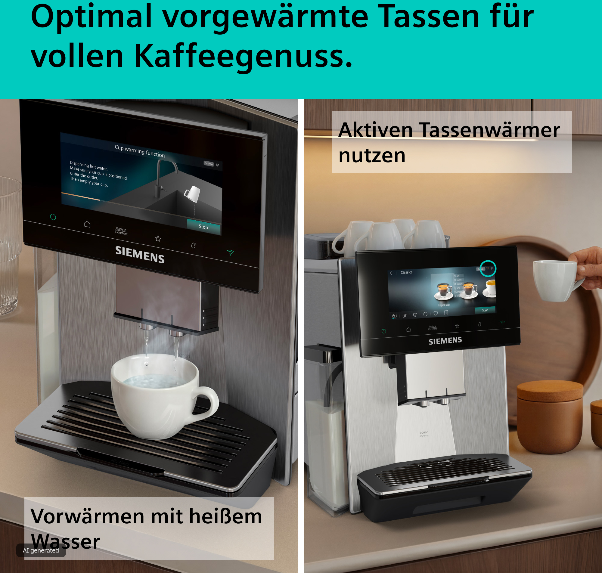 Siemens-Kaffeevollautomat mit Touchscreen zeigt Tassenwärmung und heißes Wasser.