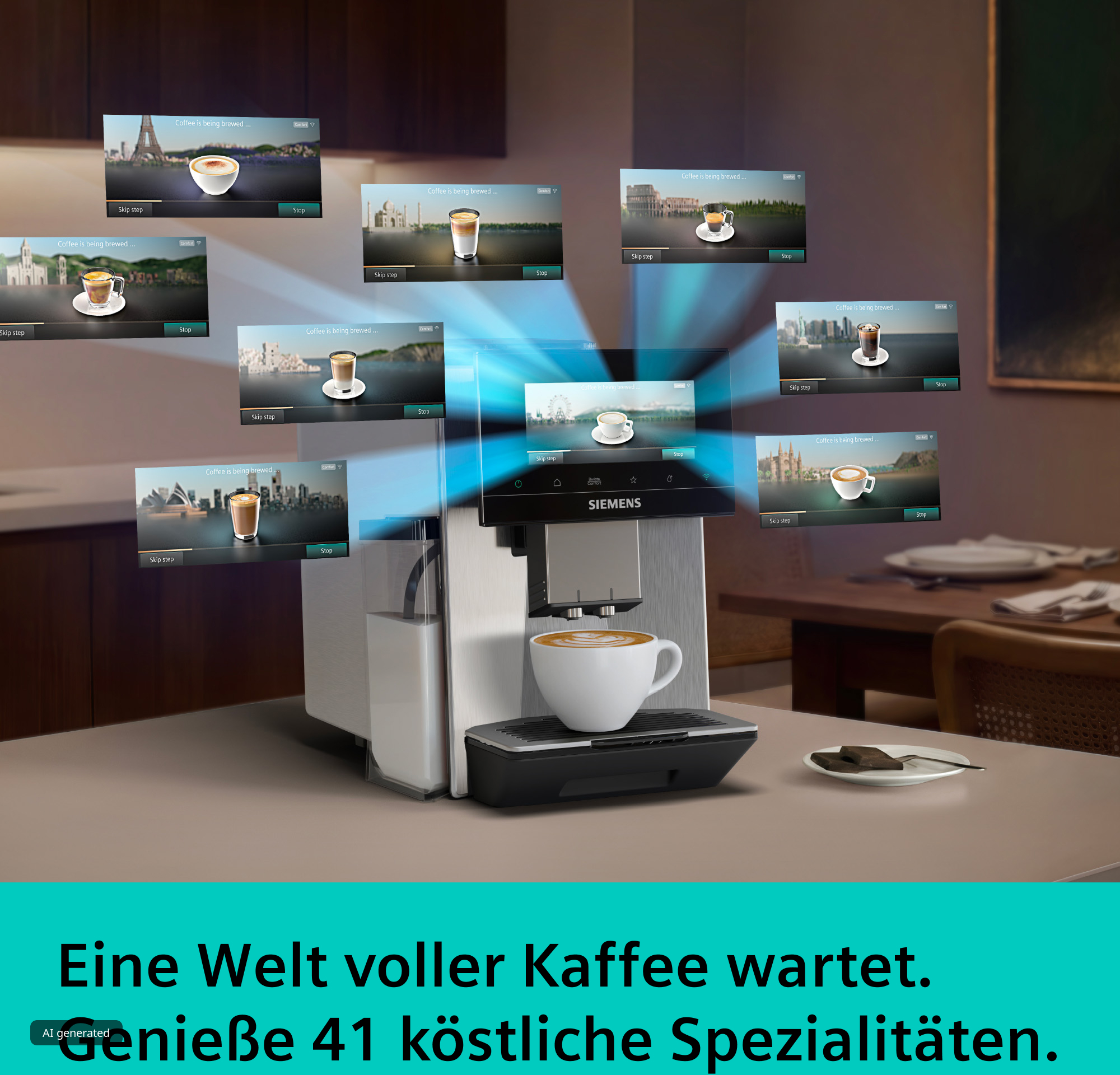 Siemens-Kaffeevollautomat auf einem Tisch mit schwebenden Displays, die Kaffeespezialitäten zeigen.