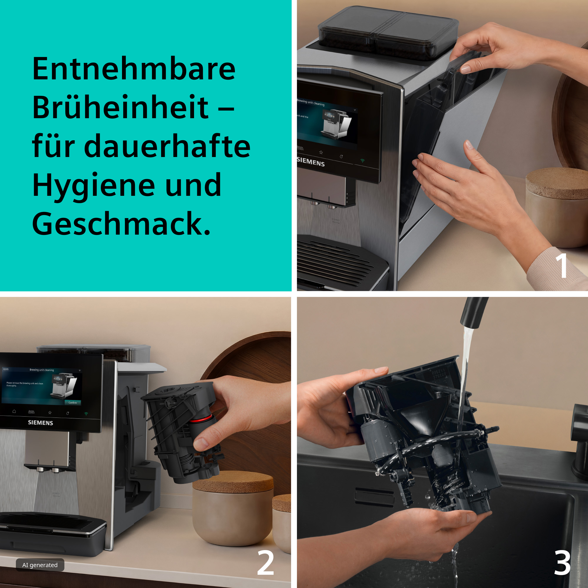 Schritte zur Entnahme und Reinigung der Brüheinheit eines Siemens Kaffeevollautomaten.