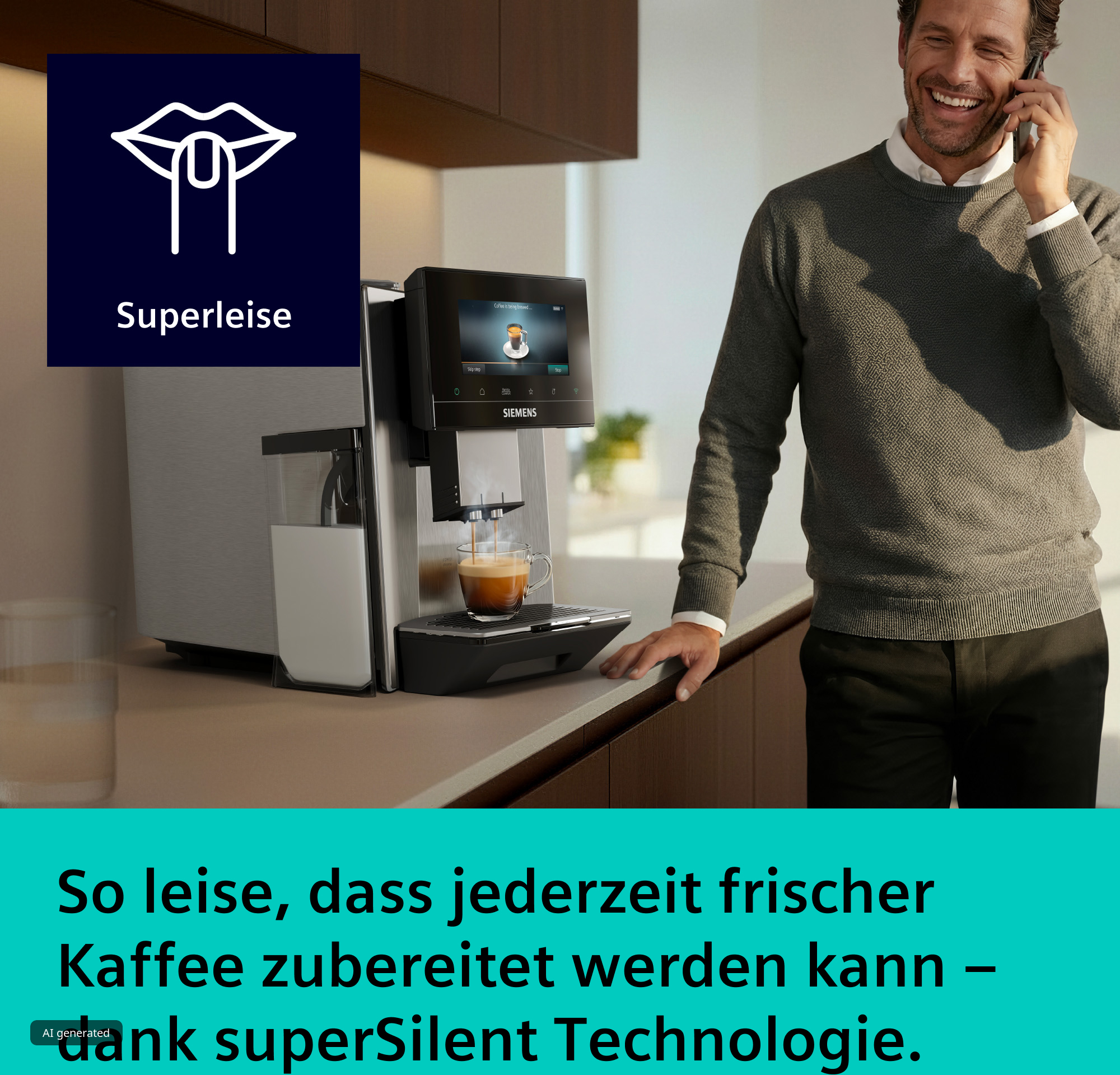 Ein Mann telefoniert in der Küche, während eine Siemens-Kaffeevollautomat leise Kaffee zubereitet.