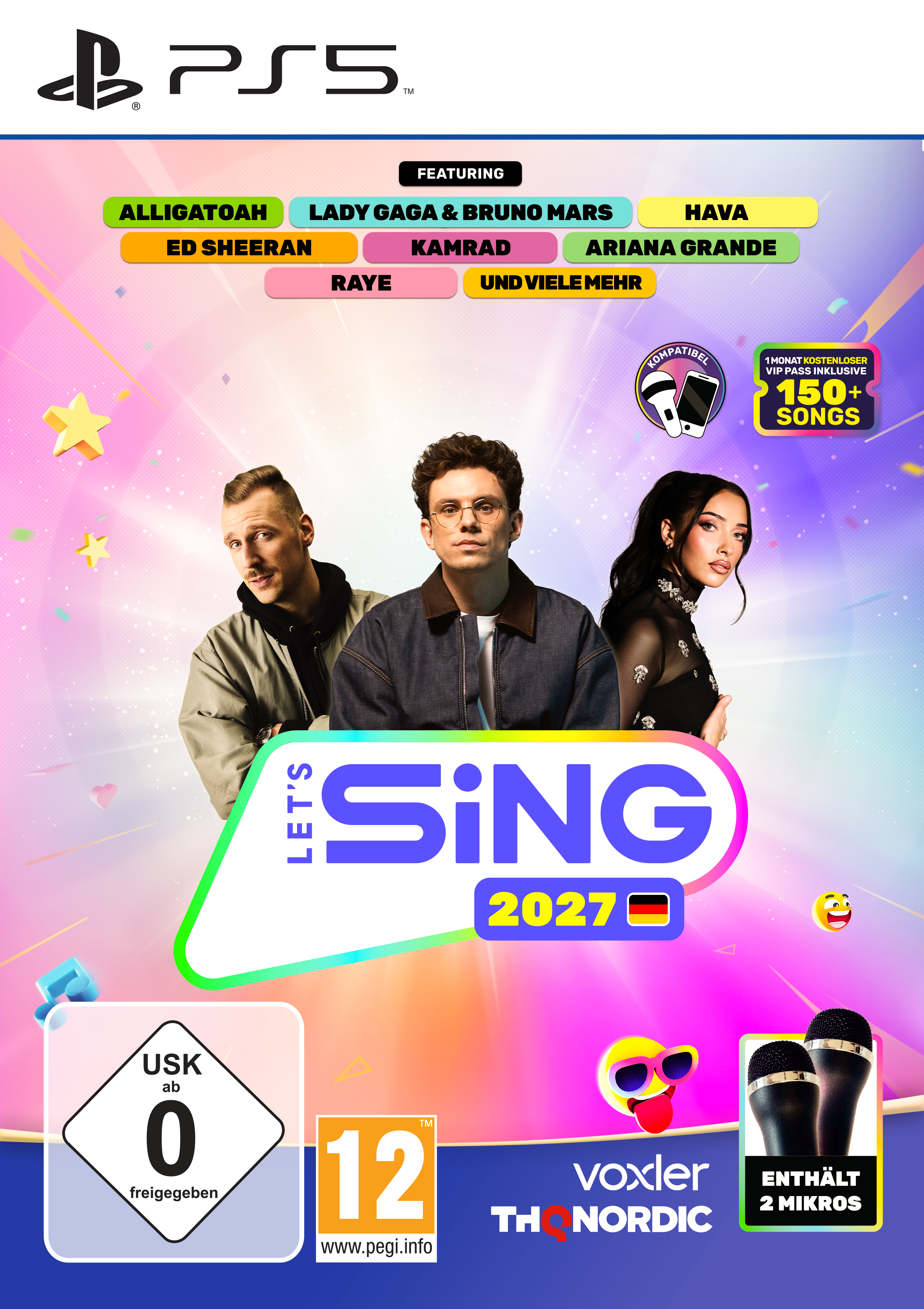 PS5-Videospielcover für Let's Sing 2027 mit drei Künstlern, bunten Elementen und USK 0- sowie PEGI 12-Freigabe.