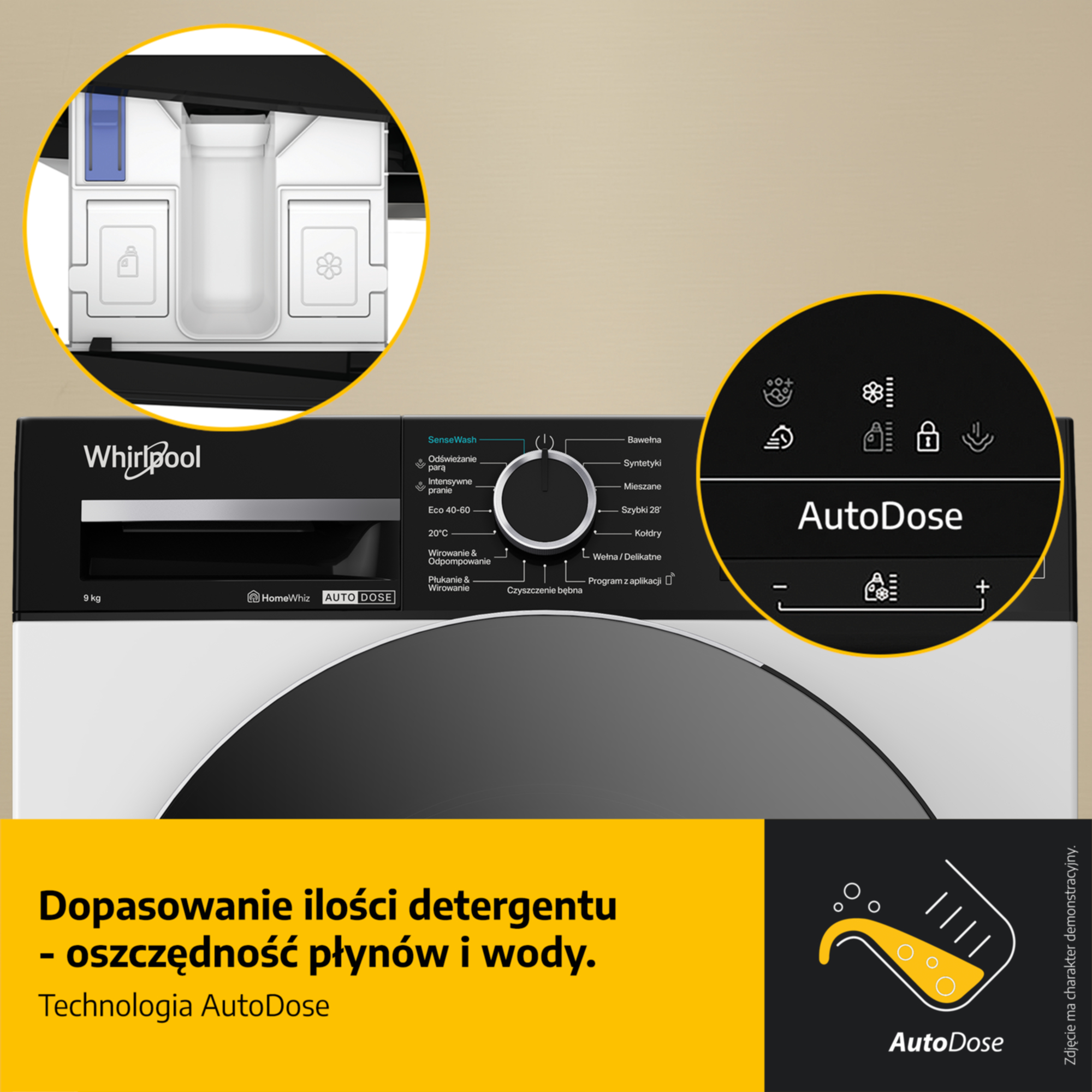 Pralka Whirlpool z technologią AutoDose i panelem sterowania.