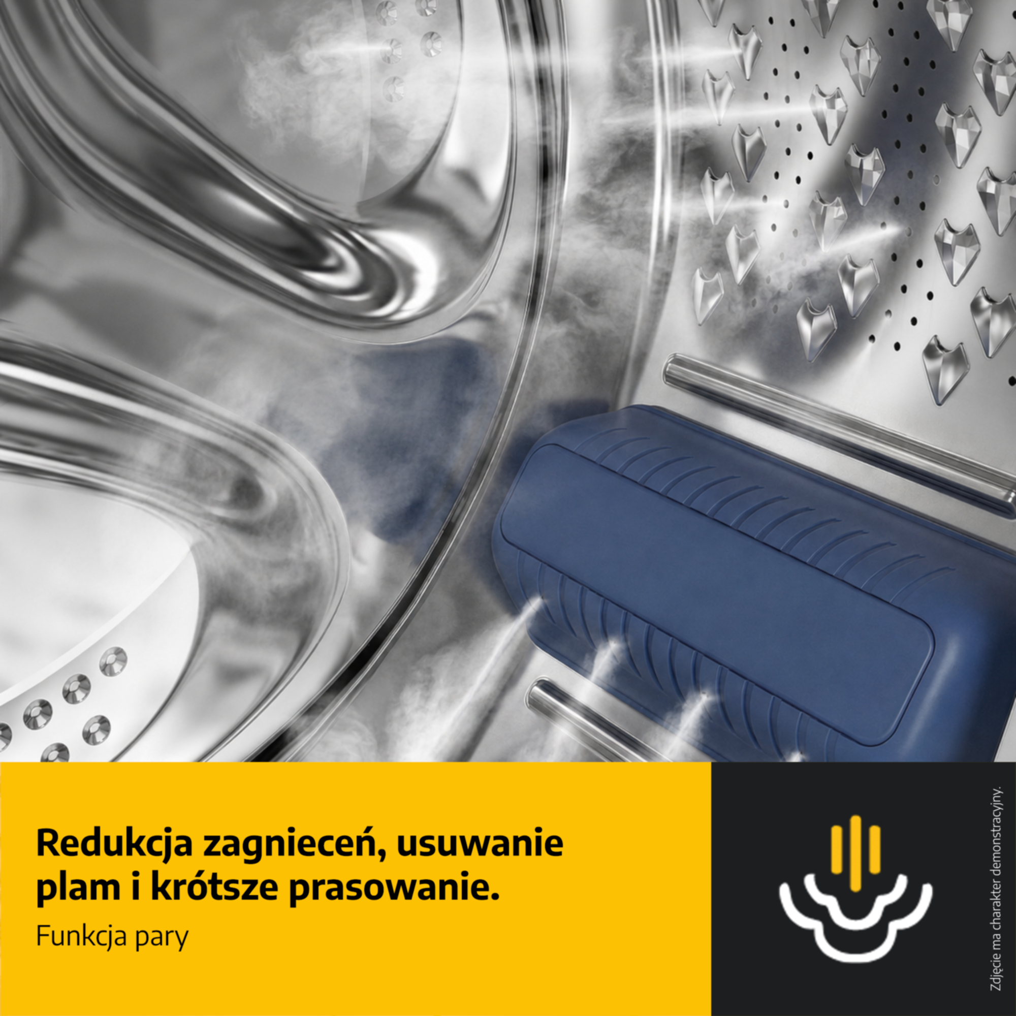 Bęben pralki ze stali nierdzewnej z parą i niebieskim zabierakiem.