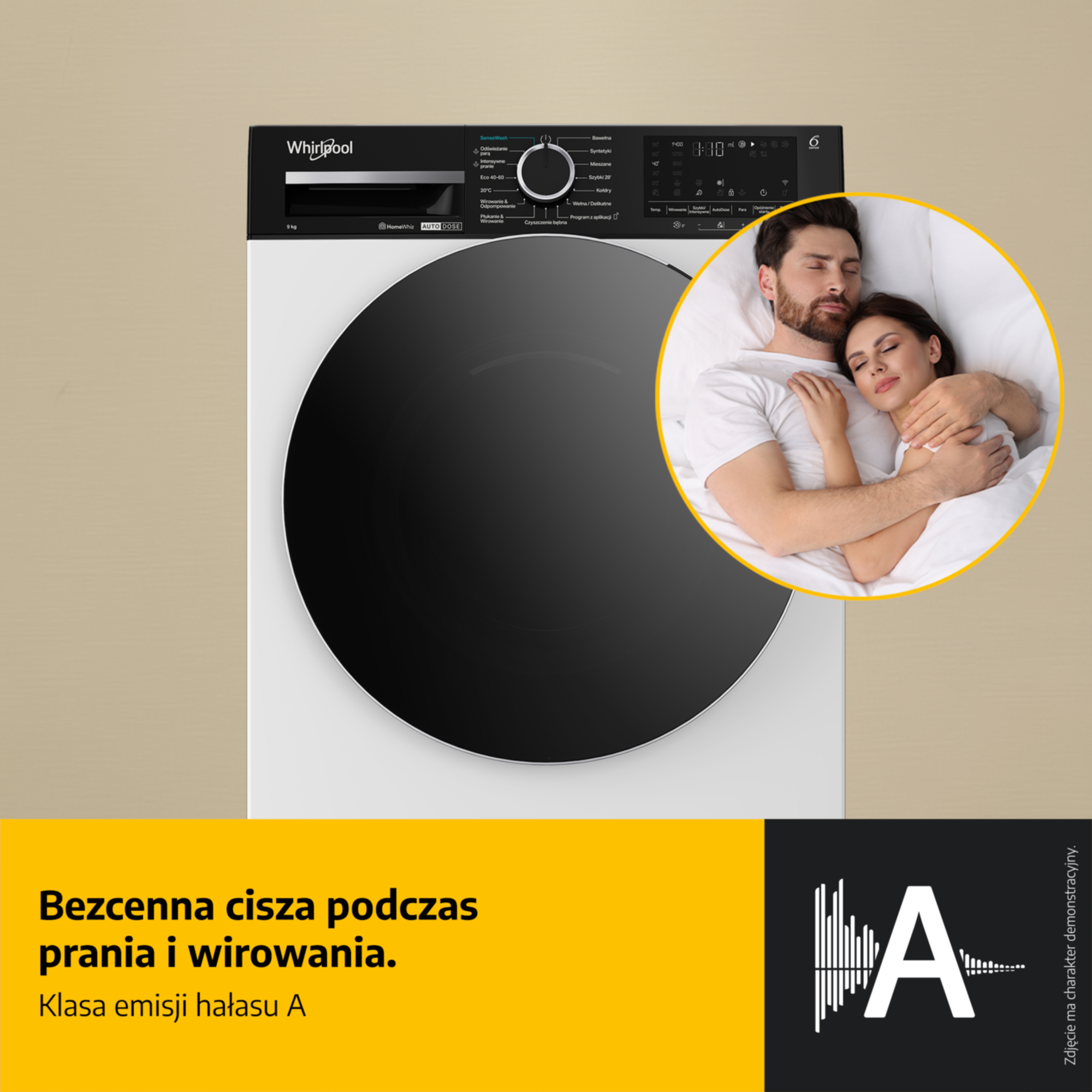 Biała pralka Whirlpool z czarnymi drzwiczkami i panelem, na którą nałożono obraz śpiącej pary.