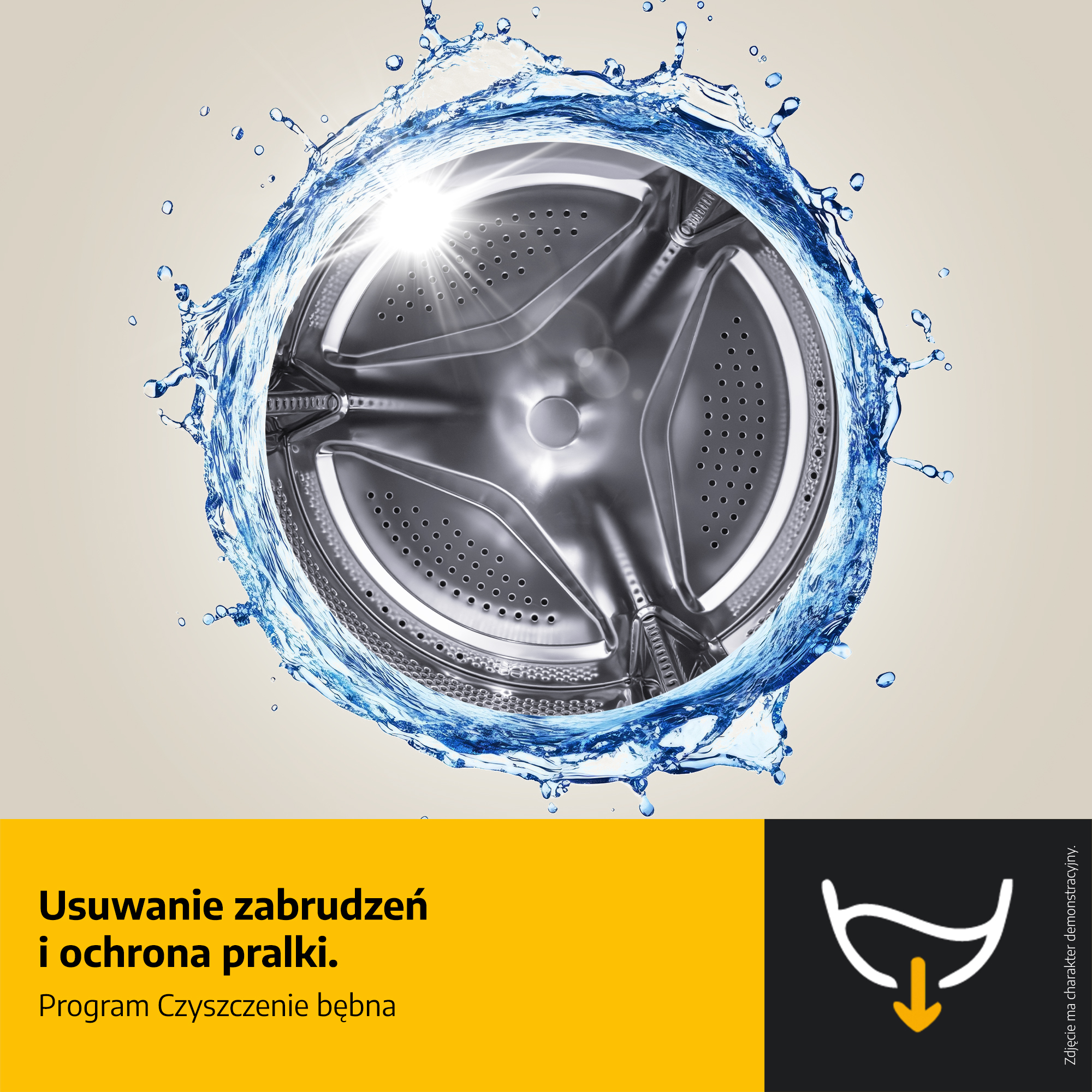 Czysty bęben pralki otoczony jest wodą w rozbryzgu, z tekstem na dole na żółtym tle.