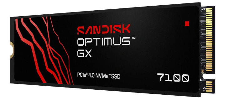 Czarny dysk SSD NVMe PCIe 4.0 SanDisk Optimus GX z czerwonymi akcentami i złotymi pinami.