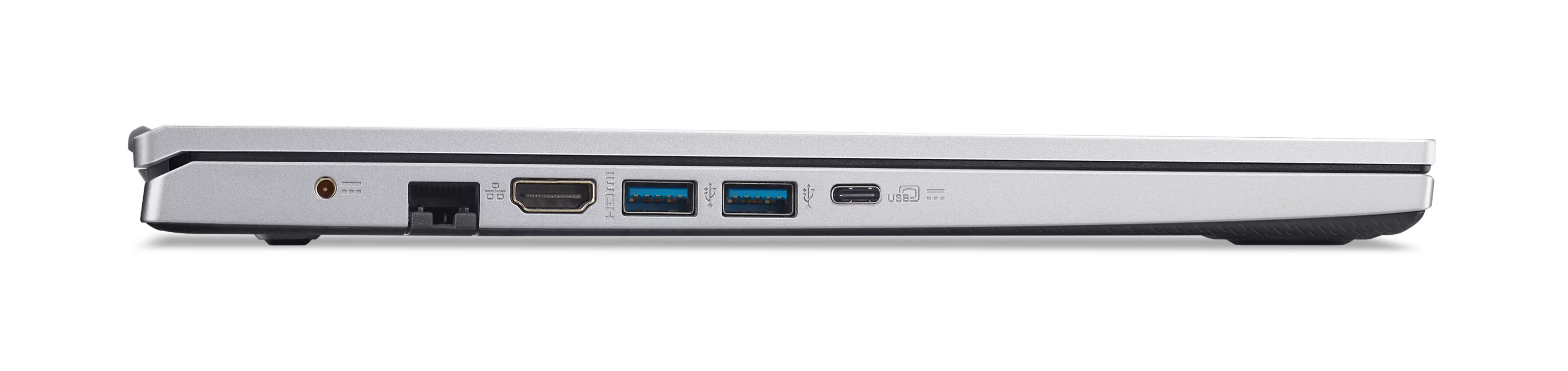 Seitenansicht eines silbernen Laptops mit Anschlüssen wie Ethernet, HDMI, zwei USB-A und einem USB-C.