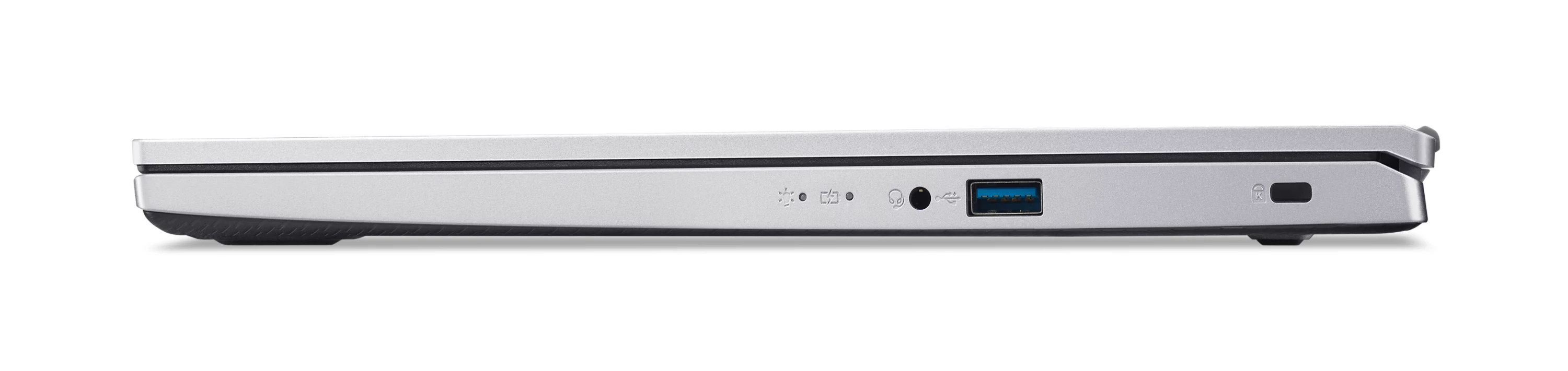 Seitenansicht eines silbernen Laptops mit Anschlüssen, darunter Audio- und USB-Ports.