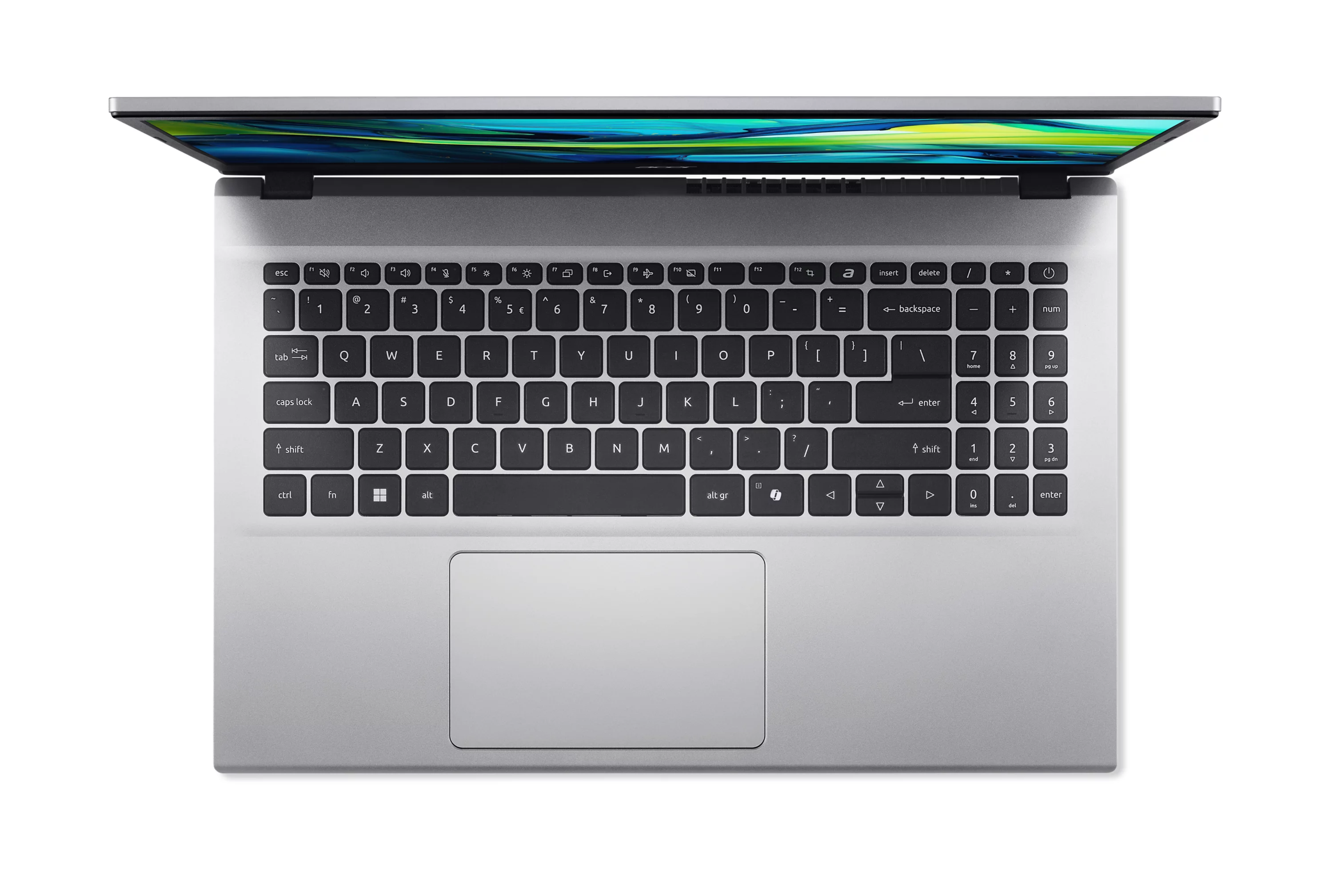 Draufsicht auf ein silbernes Laptop mit schwarzer Tastatur und einem bunten Bildschirminhalt.