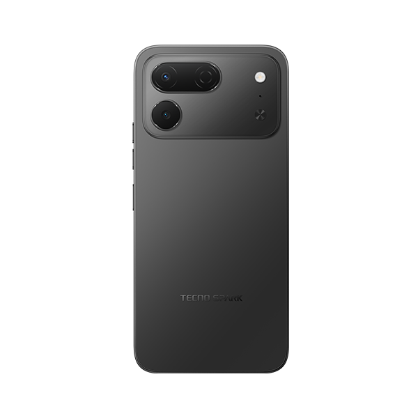 Üçlü kameralı ve flaşlı gri bir Tecno Spark akıllı telefonun arkası.