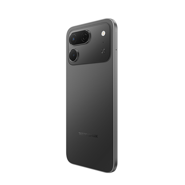 Siyah arka planda kamera modüllü gri bir Tecno Spark akıllı telefonun arka görünümü.