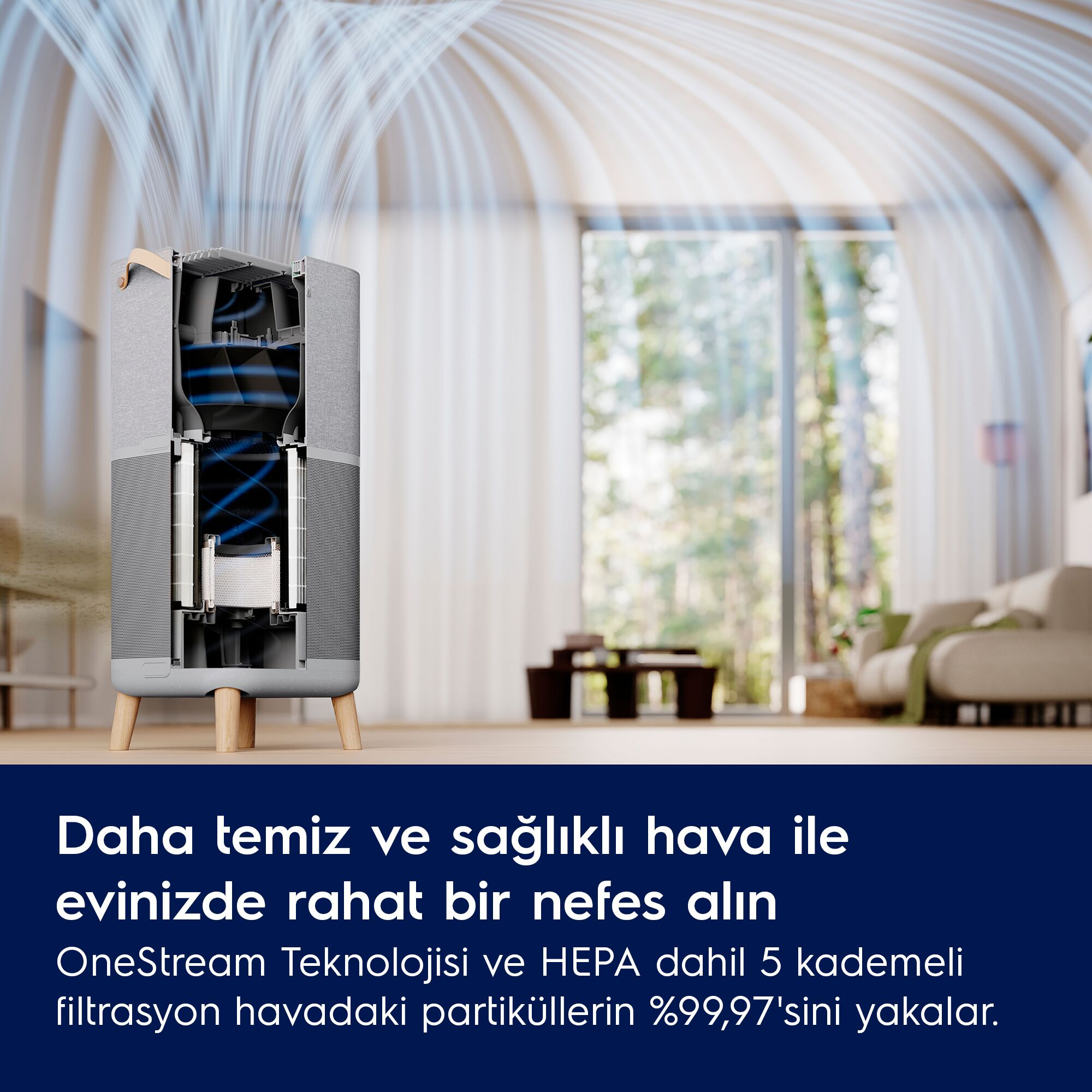 Aydınlık bir oturma odasında ahşap ayaklı gri hava temizleyicinin kesiti.