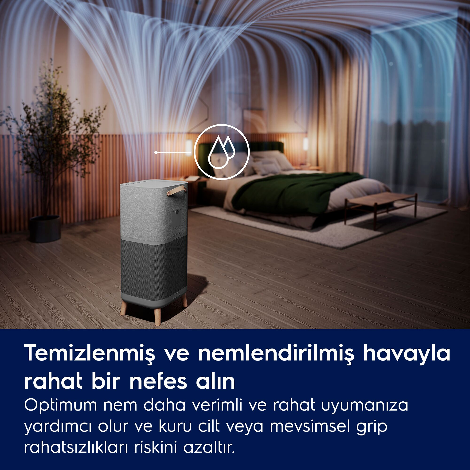 Modern bir yatak odasındaki ahşap zemin üzerinde gri bir hava nemlendirici duruyor.