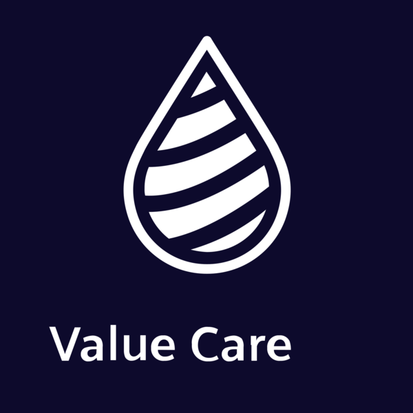 Koyu mavi arka planda çizgili desenli beyaz su damlası simgesi ve Value Care yazısı.