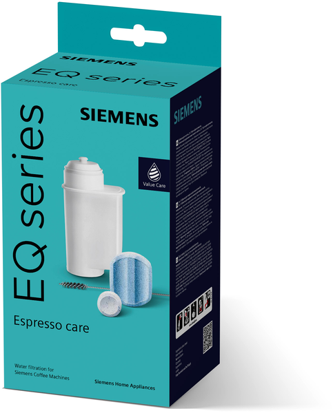 Su filtresi, temizlik tabletleri ve fırça içeren Siemens EQ serisi Espresso bakım kutusu.
