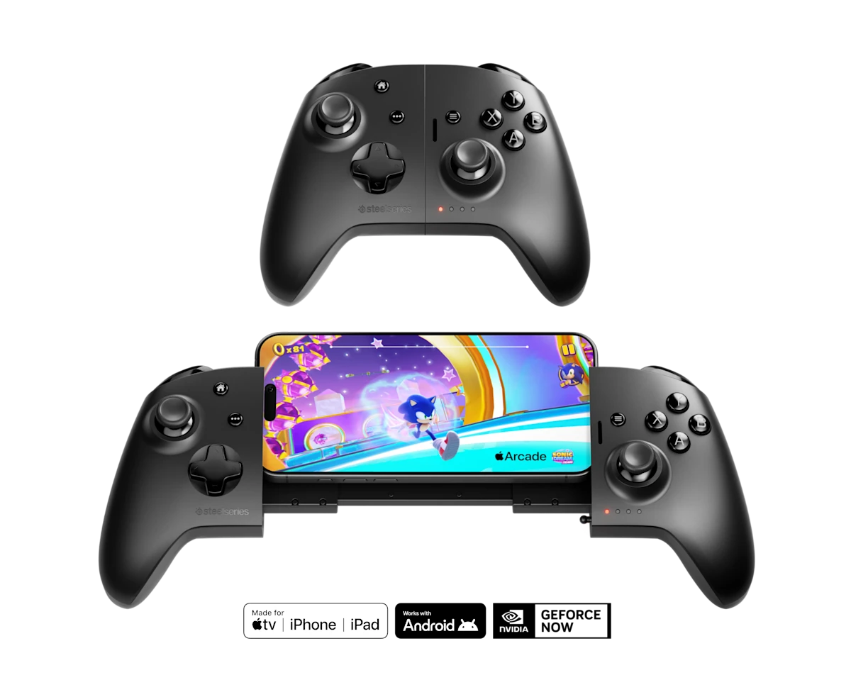 Fekete játékvezérlő egy Sonic játékkal futó okostelefonnal, Apple és Android kompatibilitási logókkal.