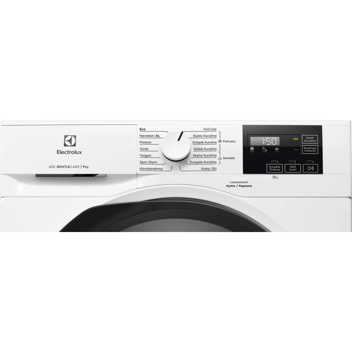 Ortada bir düğme, program metinleri ve dijital ekran bulunan beyaz Electrolux kurutma makinesinin kontrol paneli.