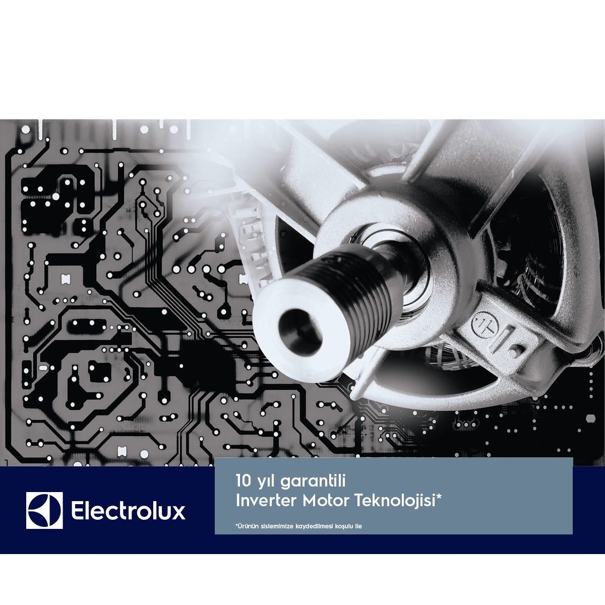 Inverter motor ve devre kartının siyah beyaz görüntüsü, altta Electrolux logosu ve Türkçe metinle.