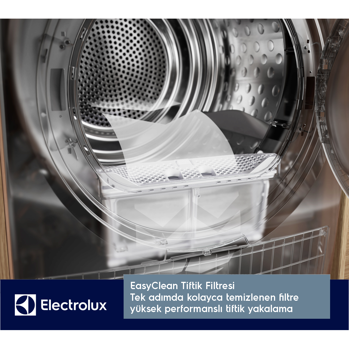 EasyClean tiftik filtresini ve içindeki kumaş yaprağını gösteren açık Electrolux kurutma makinesi.