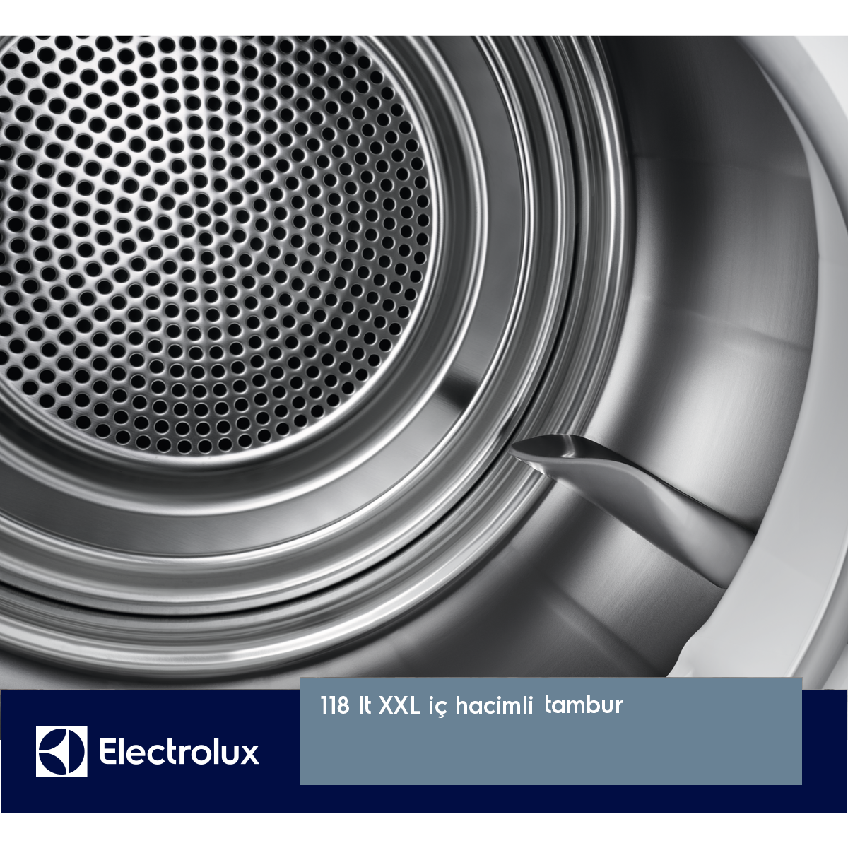 Delikli arka panelli ve kanatlı Electrolux çamaşır kurutma makinesi paslanmaz çelik tamburu.