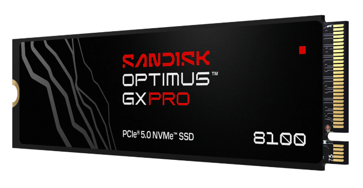 Czarny dysk SSD NVMe PCIe 5.0 Sandisk Optimus GX Pro z biało-czerwonym nadrukiem i złotymi pinami.