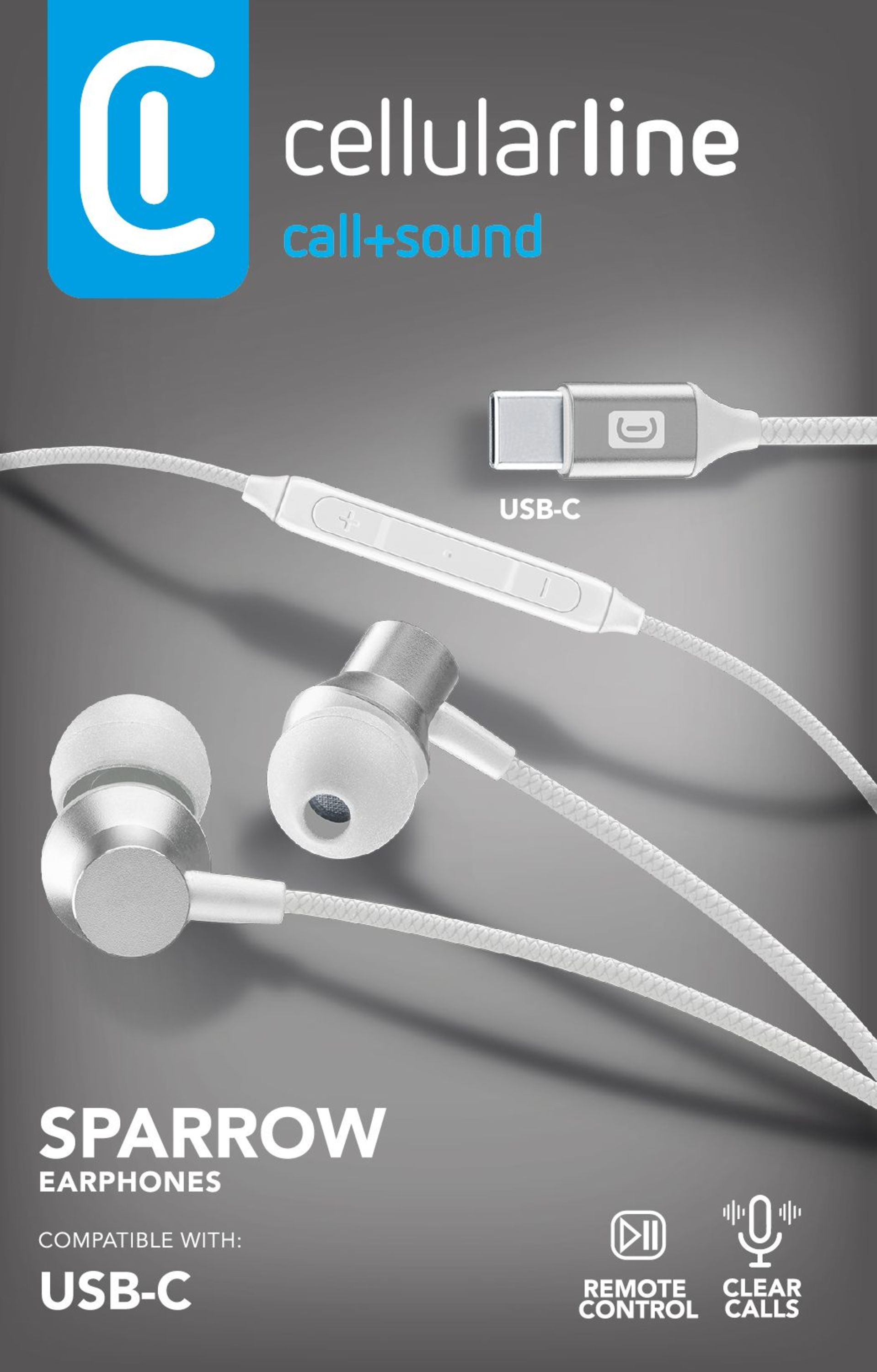 Uzaktan kumandalı ve USB-C konnektörlü Cellularline Sparrow beyaz USB-C kulak içi kulaklık.