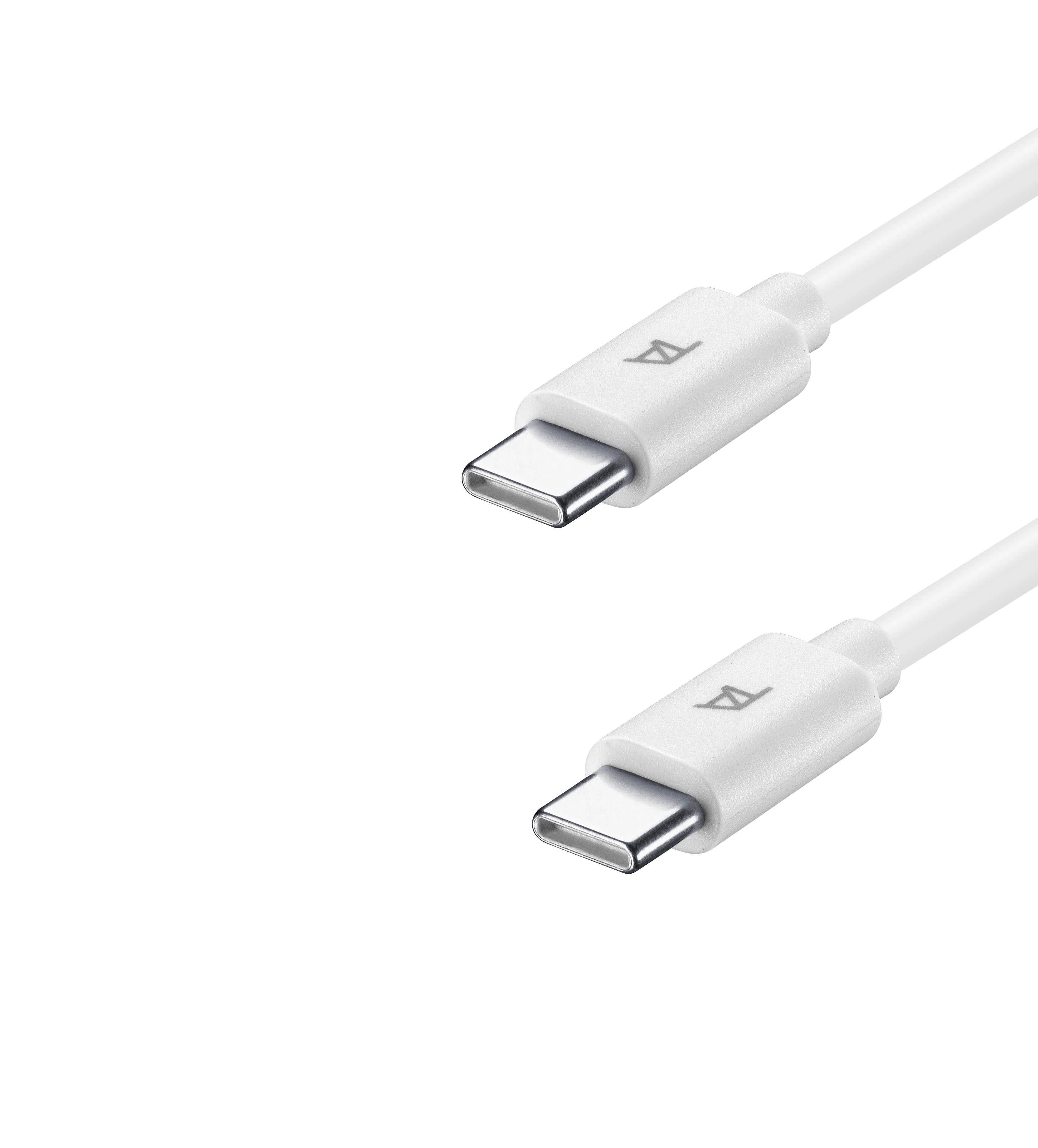 Zwei weiße USB-C-Kabelenden mit silbernen Anschlüssen auf weißem Hintergrund.