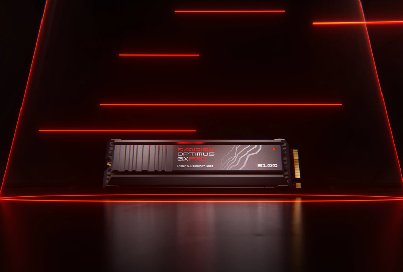 Czarny dysk SSD SanDisk Optimus GX PRO na ciemnym tle z czerwonymi liniami świetlnymi.