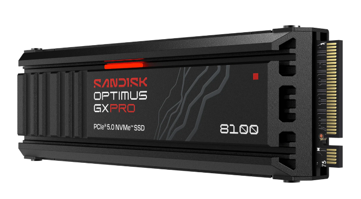 Czarny dysk SSD SanDisk Optimus GXPRO PCIe 5.0 NVMe z czerwonym akcentem.