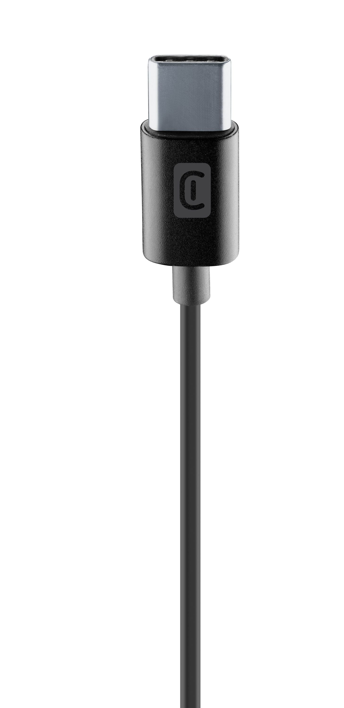 Beyaz arka planda metal konnektörlü siyah bir USB-C kablosu.