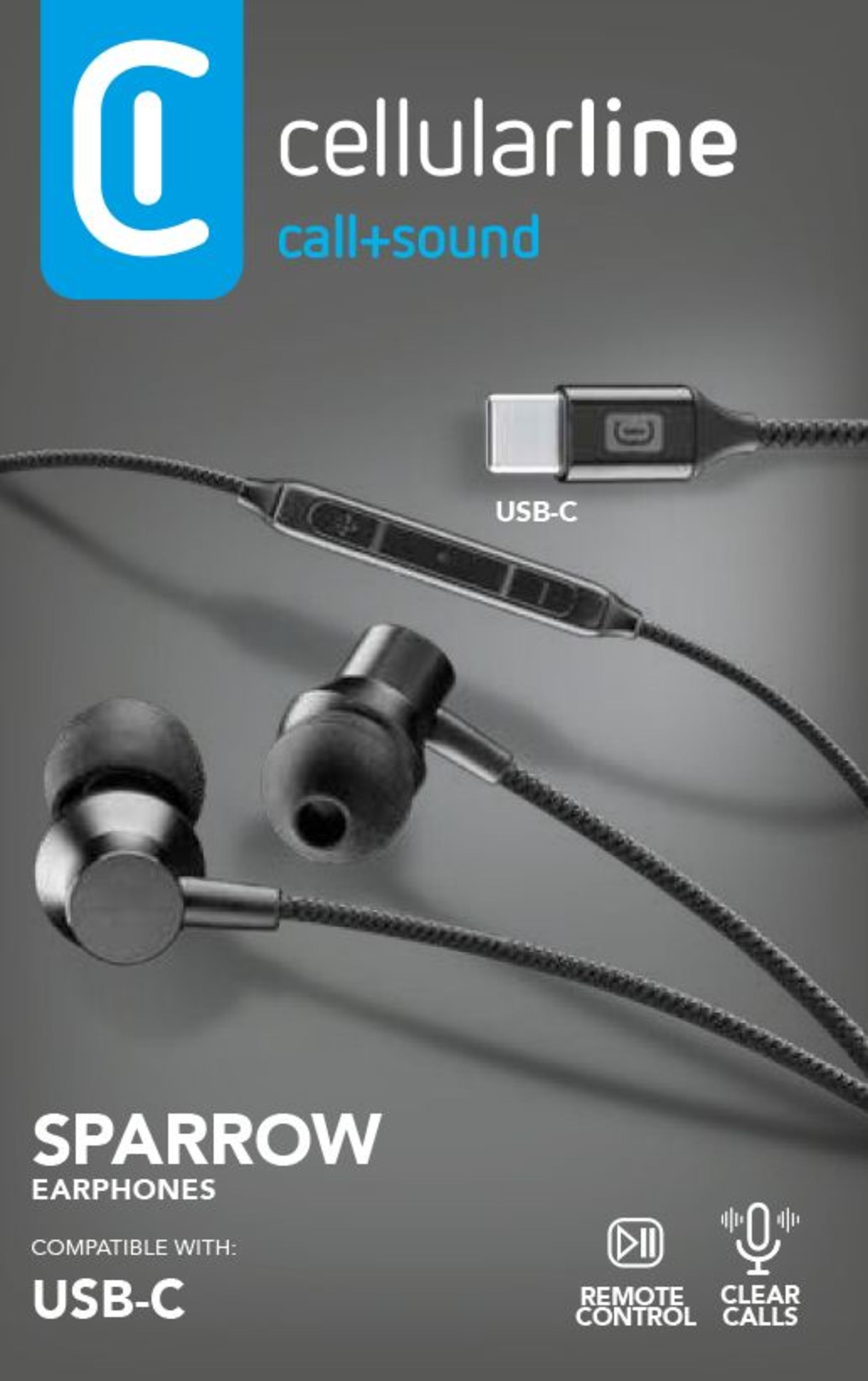 Gri arka planda uzaktan kumandalı ve net görüşme özellikli Cellularline Sparrow USB-C kulaklık.