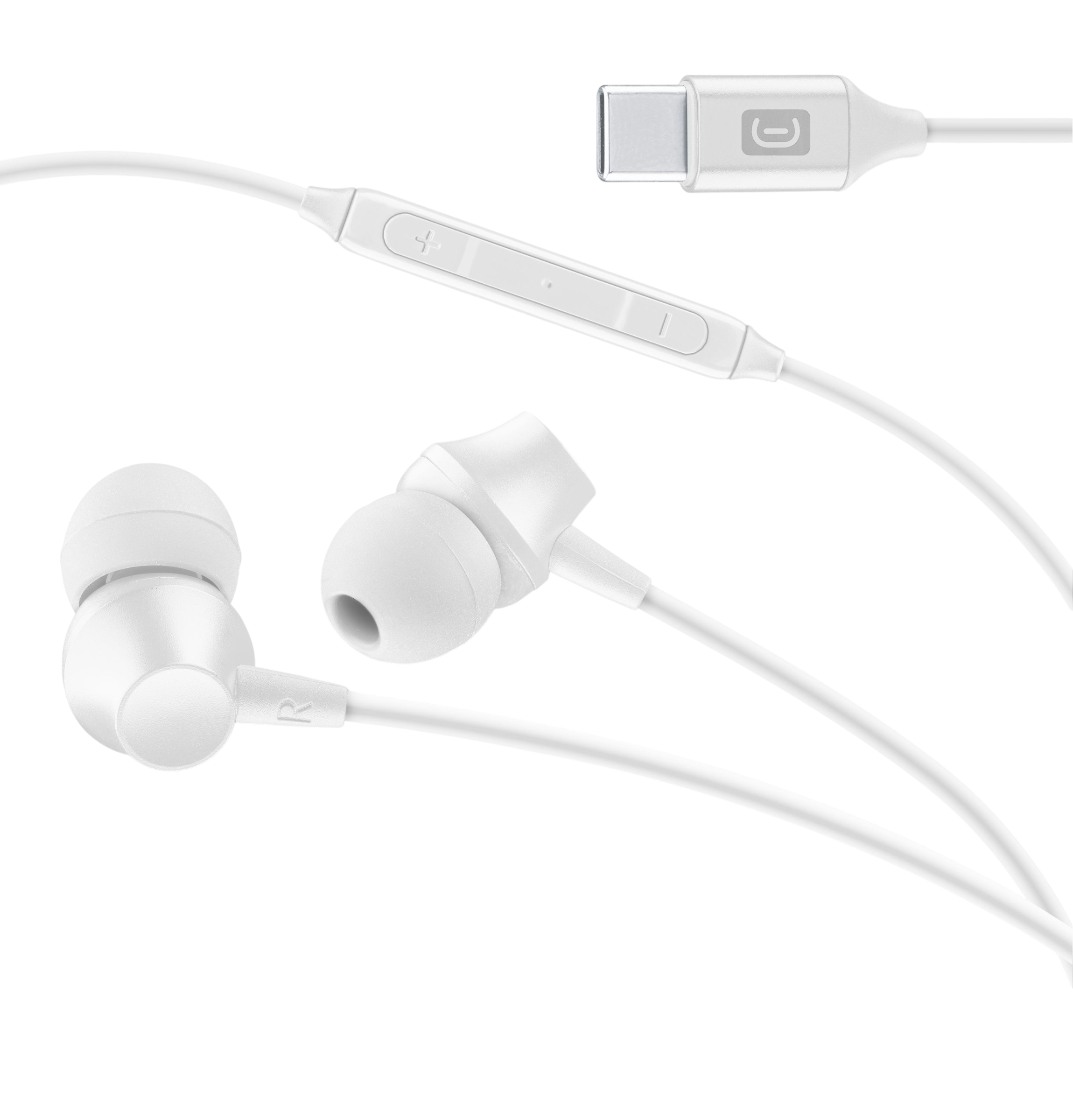 Siyah arka plan üzerinde kablolu, kumandalı ve USB-C konektörlü beyaz kulak içi kulaklıklar.