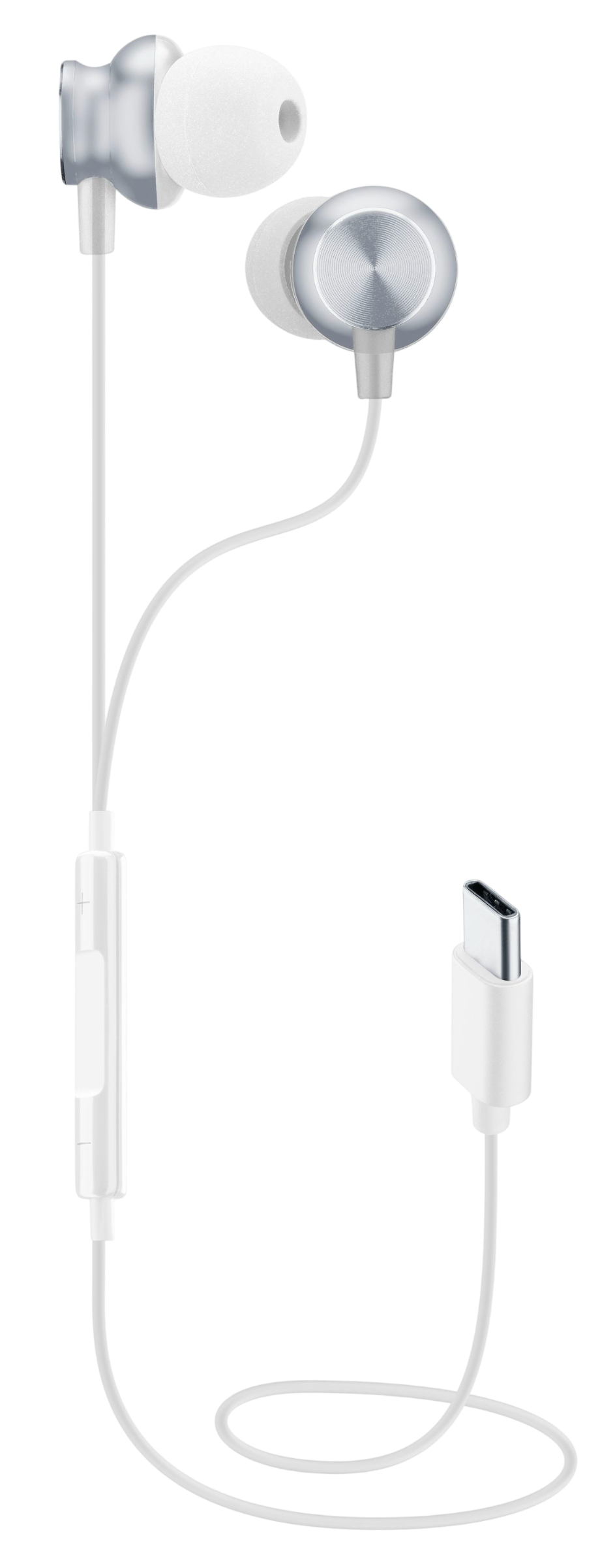 Siyah arka plan üzerinde gümüş detaylı, kablo üstü kumandalı ve USB-C konnektörlü beyaz kulak içi kulaklık.