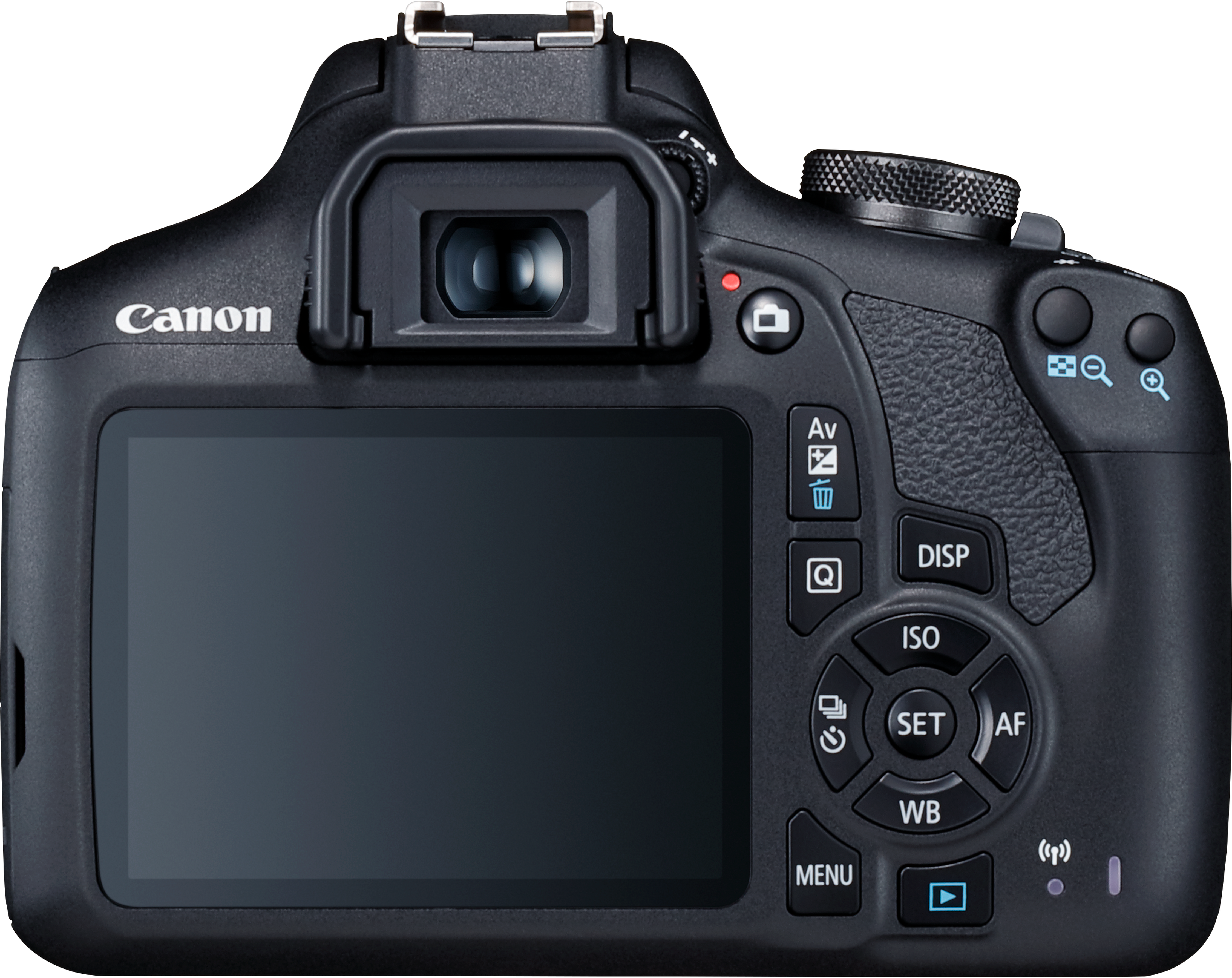 Vue arrière d'un appareil photo reflex numérique Canon noir avec écran LCD et boutons.