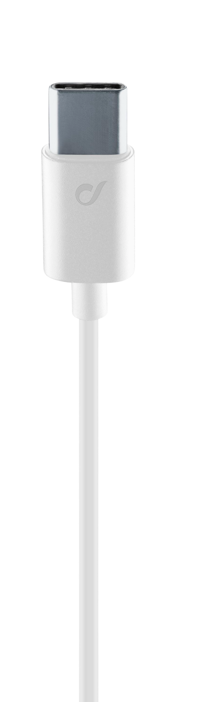 Siyah arka plan üzerinde metal konnektörlü ve logo olan beyaz bir USB-C kablosu.