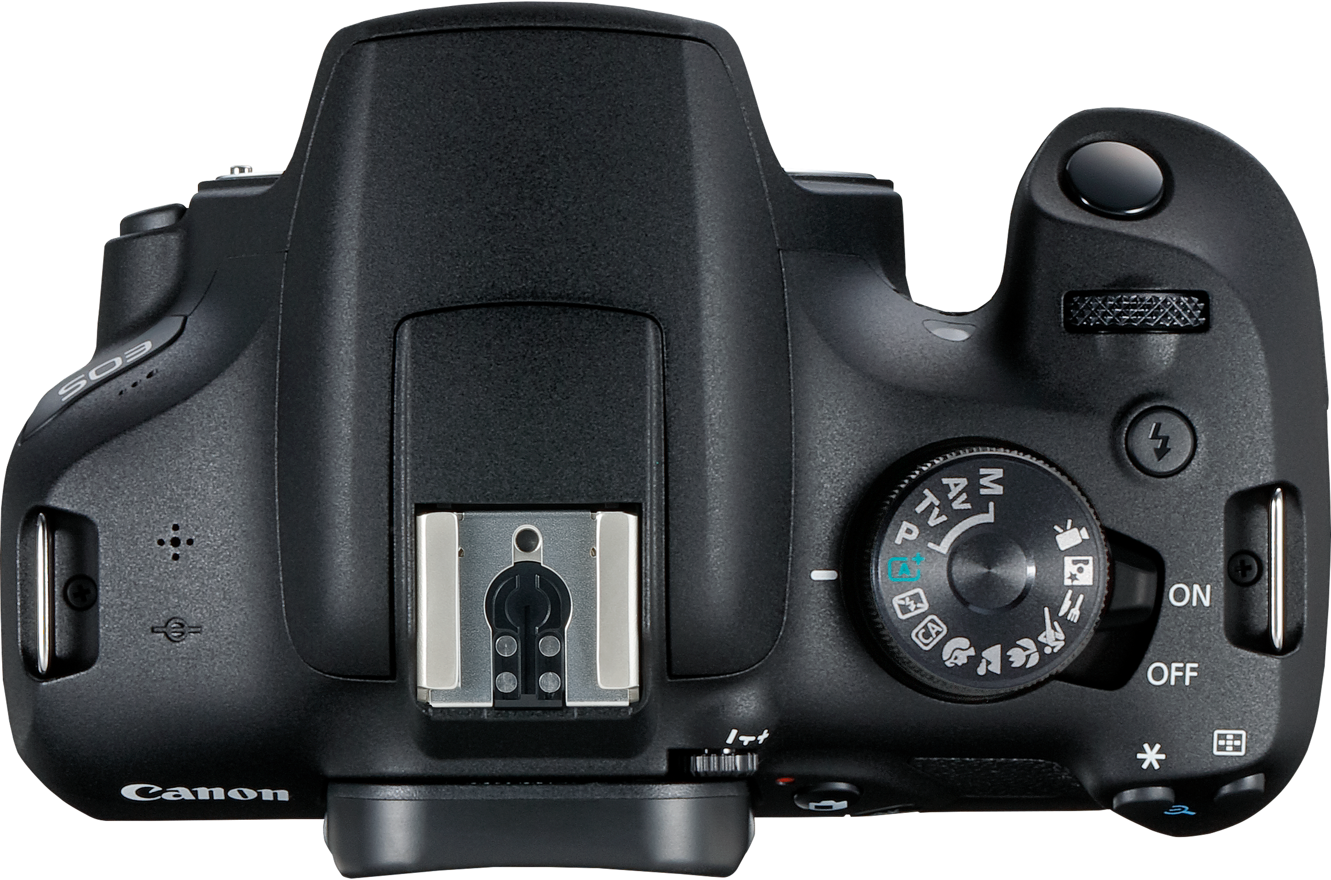 Vue de dessus d'un appareil photo reflex numérique Canon noir avec molette de mode, griffe flash et déclencheur.