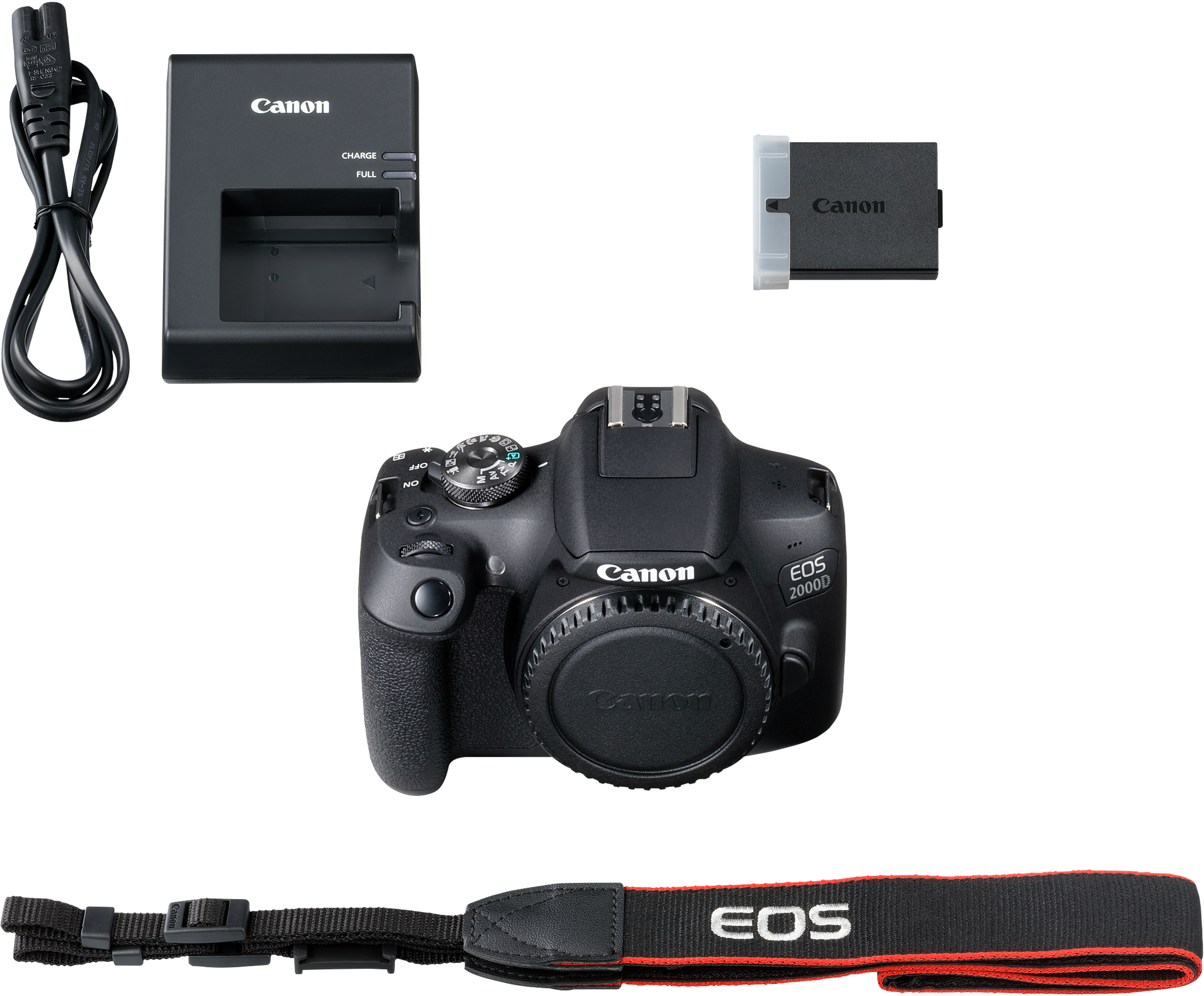 Appareil photo Canon EOS 2000D avec batterie, chargeur, câble et sangle sur fond noir.