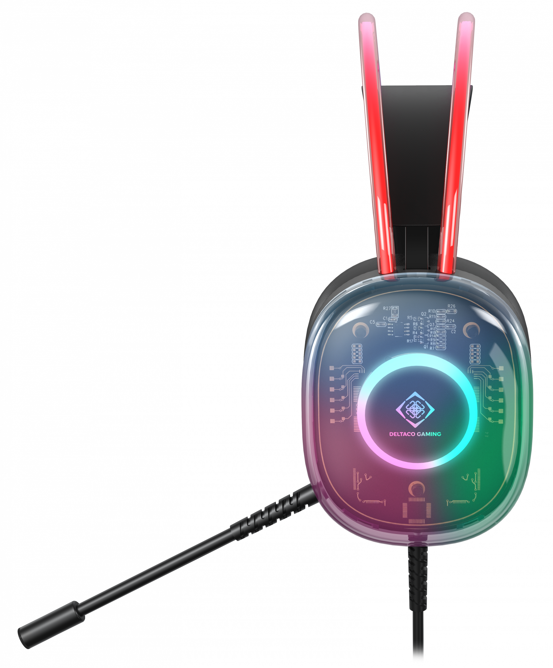 Casque de jeu noir avec des oreillettes transparentes et un éclairage RVB sur fond noir.