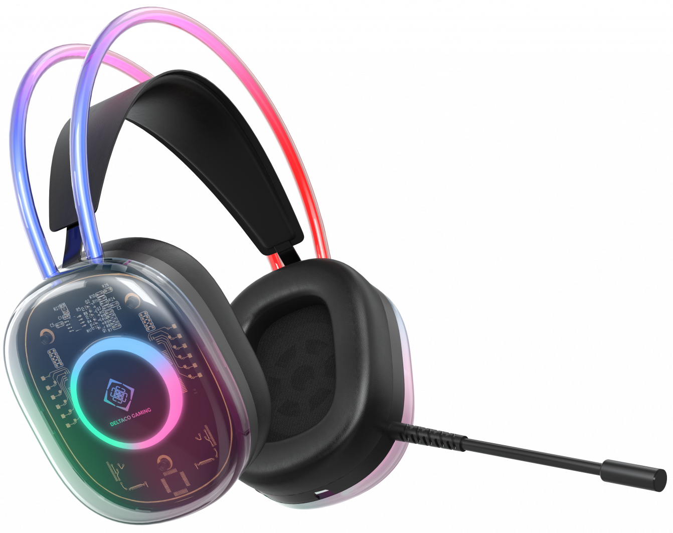 Casque de jeu noir avec éclairage RVB, oreillette transparente et microphone attaché sur fond noir.