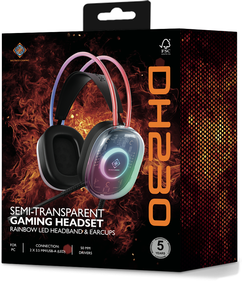 Boîte de casque gaming semi-transparent avec des lumières LED sur fond de feu.