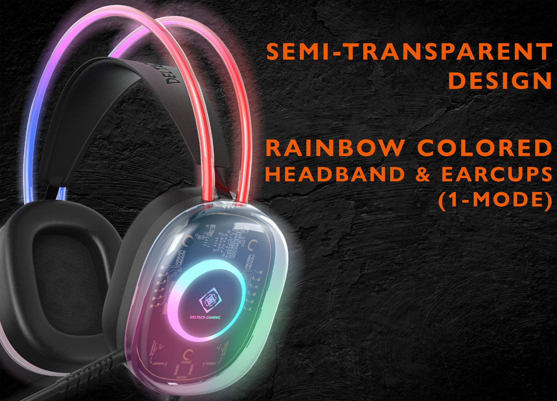 Casque de jeu noir avec des oreillettes semi-transparentes et un arceau lumineux aux couleurs de l'arc-en-ciel.