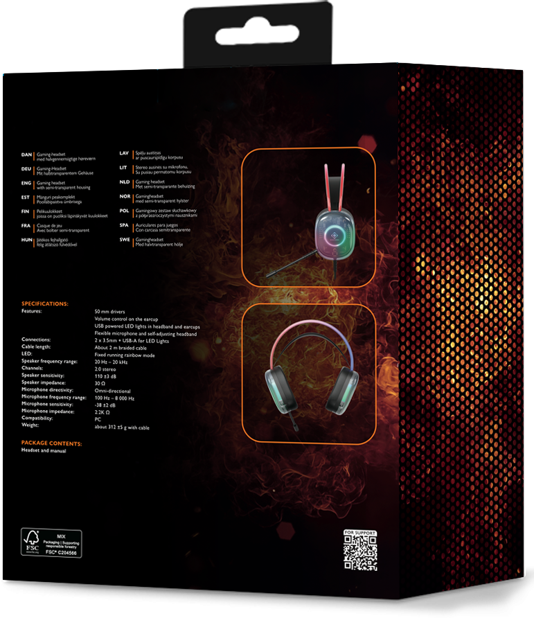 Arrière d'une boîte de casque de jeu affichant les spécifications.