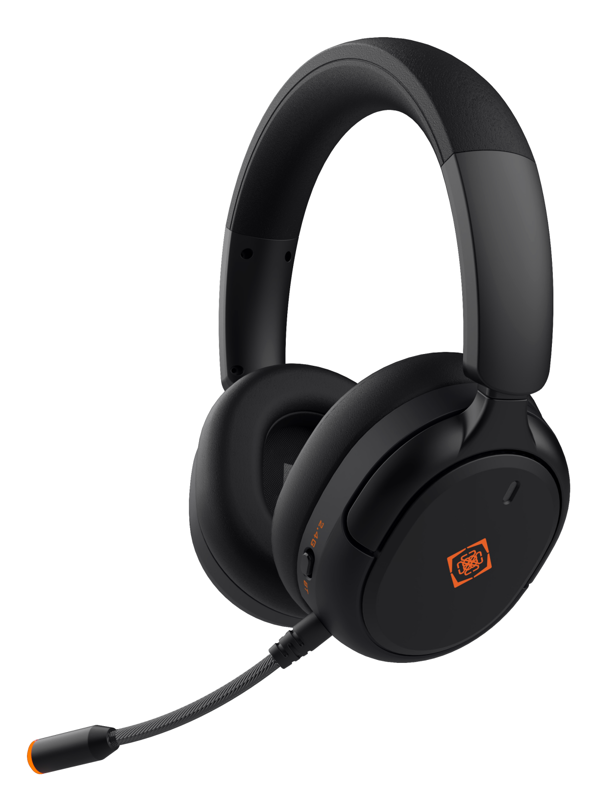 Un casque de jeu sans fil noir avec microphone et logo orange sur l'écouteur.