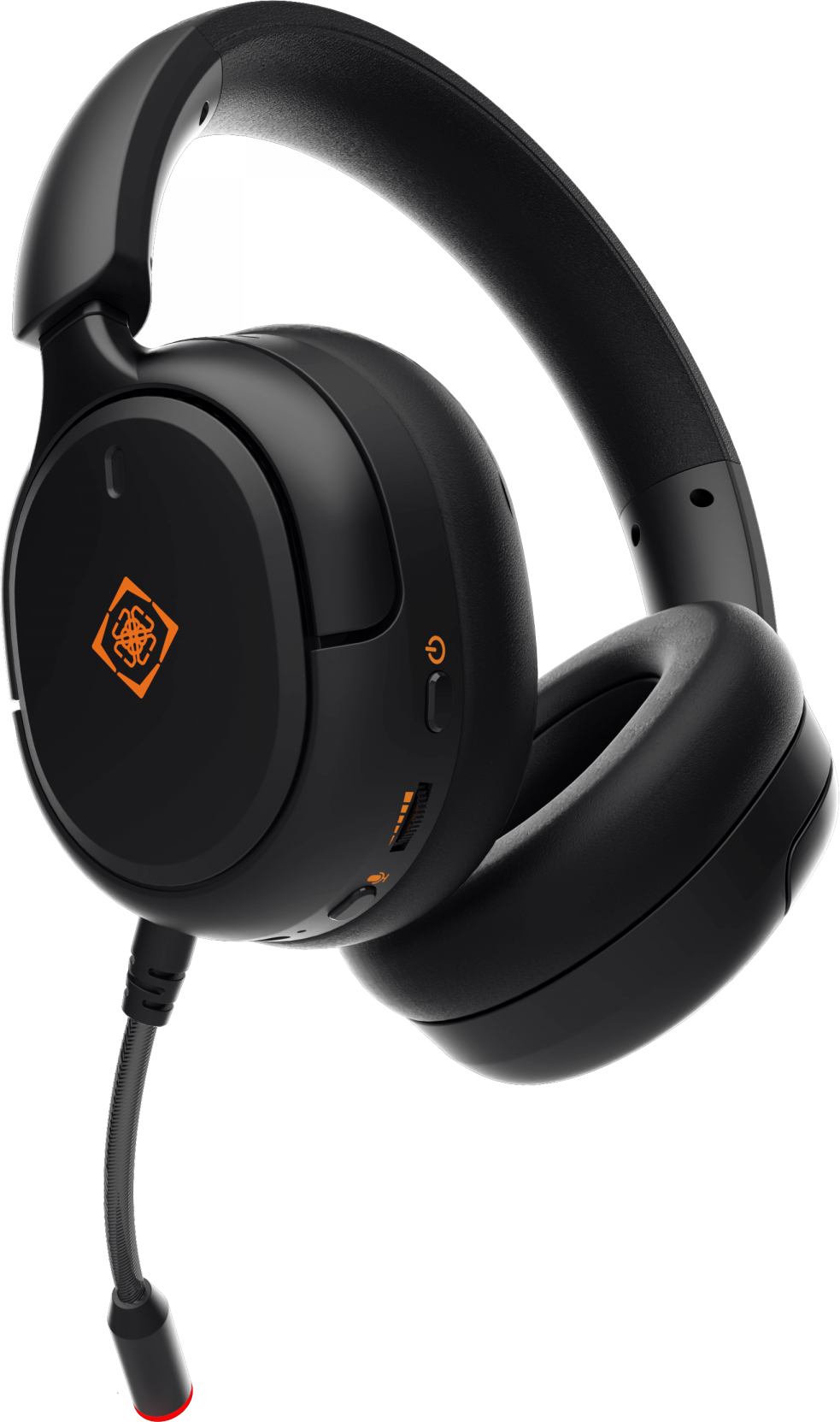 Casque de jeu noir avec un microphone sur perche sur fond sombre.
