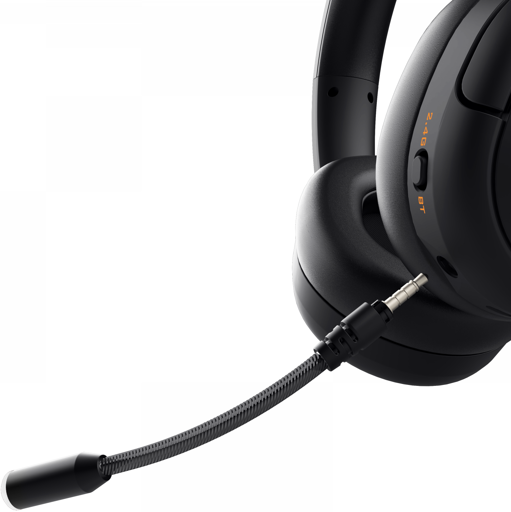 Casque de jeu noir avec un microphone amovible et un commutateur 2.4G et Bluetooth sur fond noir.