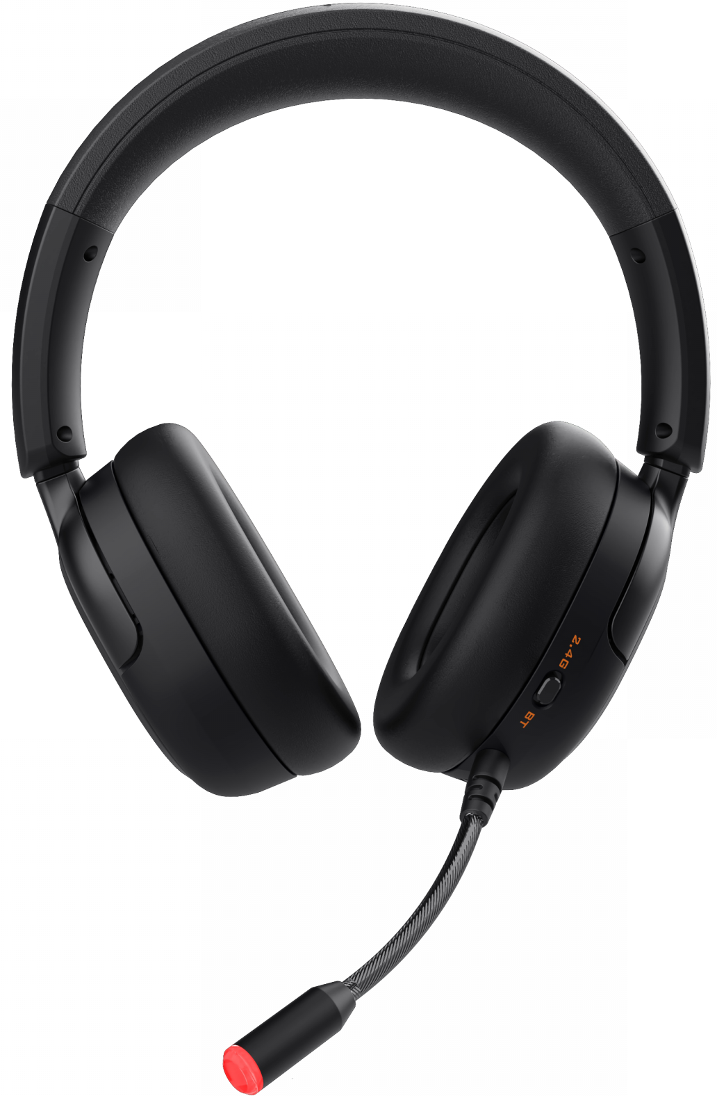 Casque de jeu sans fil noir avec microphone flexible à embout rouge, sur fond noir.