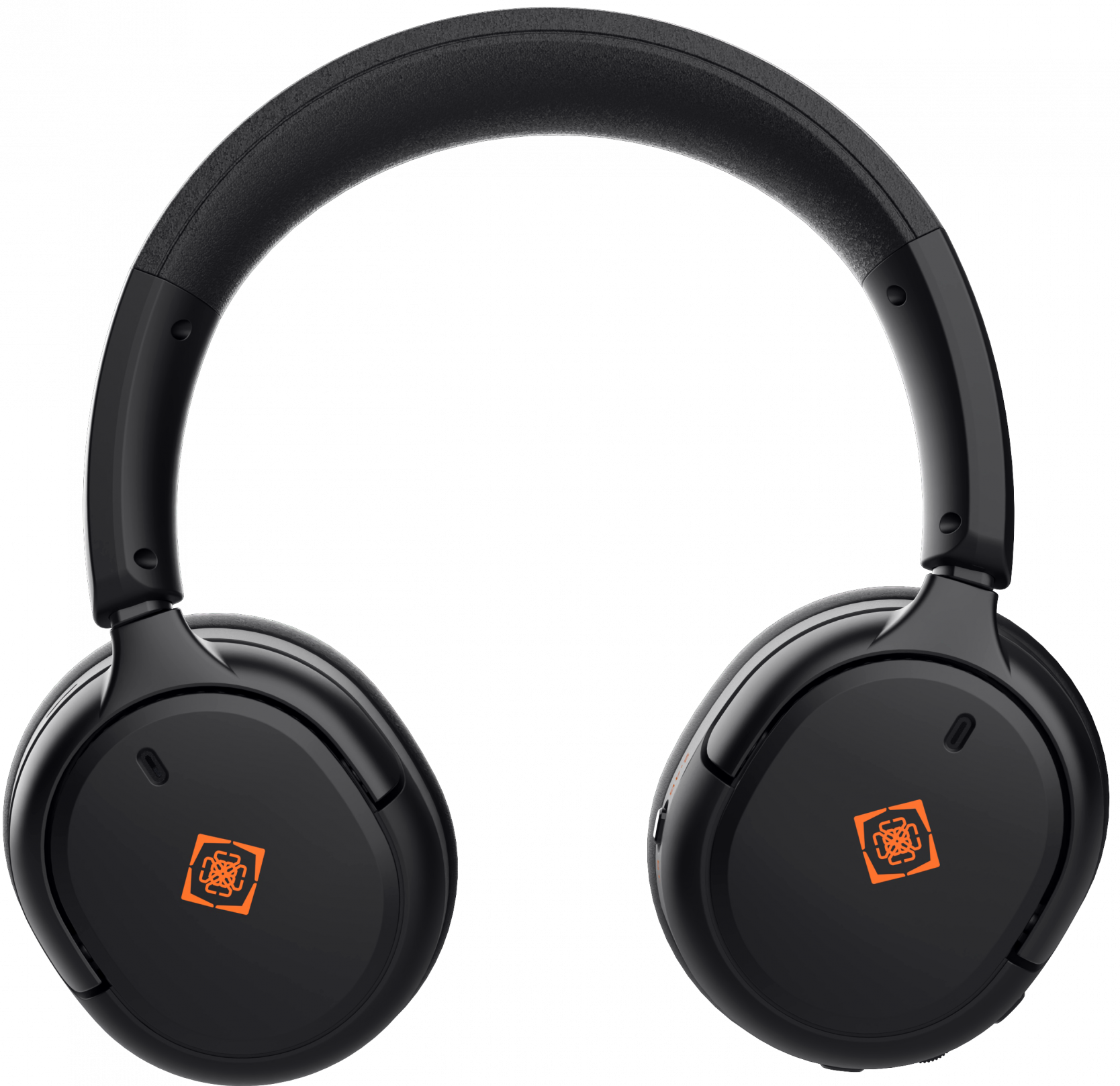 Casque supra-auriculaire noir avec arceau rembourré et logos oranges sur les écouteurs sur fond noir.